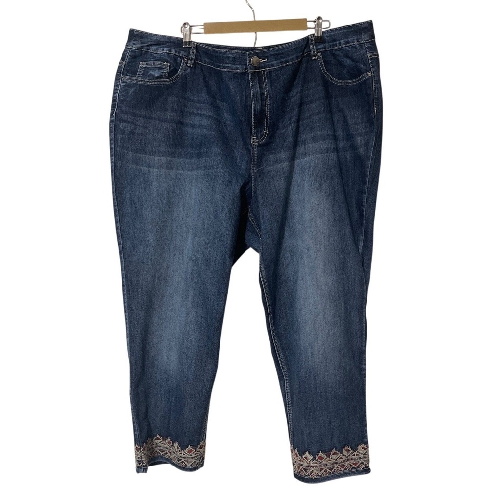 Avenue Denim Women Ankle Jeans 28 Dark Wash Embroidered Hem‎ Boho Casual